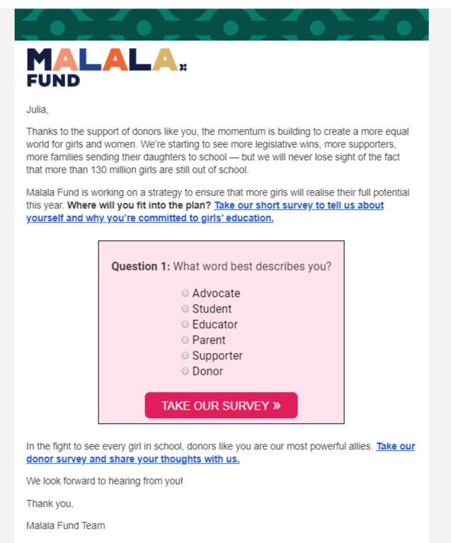 Malala Fund Donor Survey email