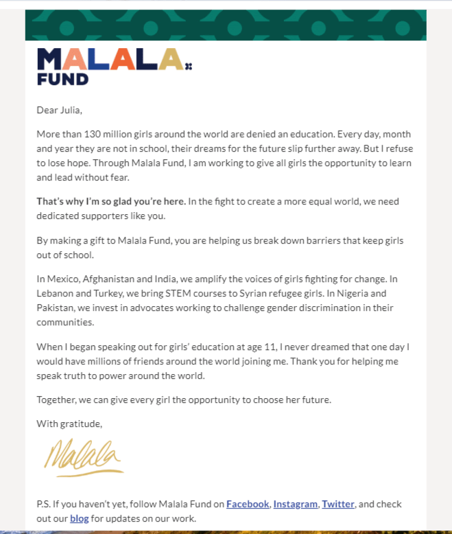 Welcome email Malala Fund